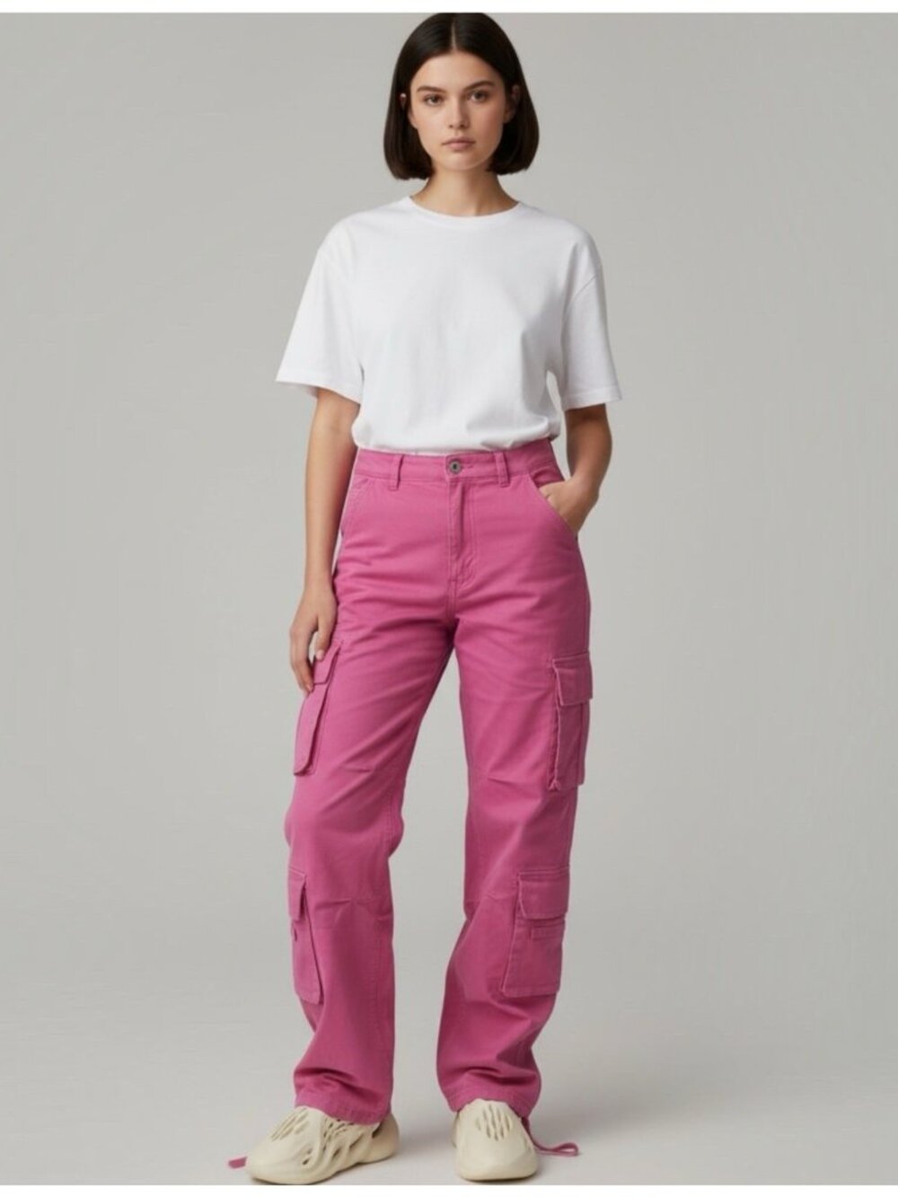 Women Cargo Pants Pink Magenta SZ L Straight Leg High Rise Stretch Multi-Pocket